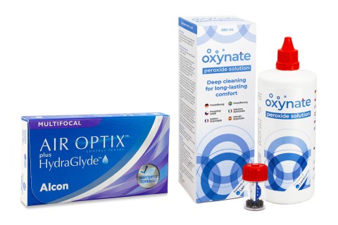 Air Optix Plus Hydraglyde Multifocal (3 linser) + Oxynate Peroxide 380 ml med linsetui